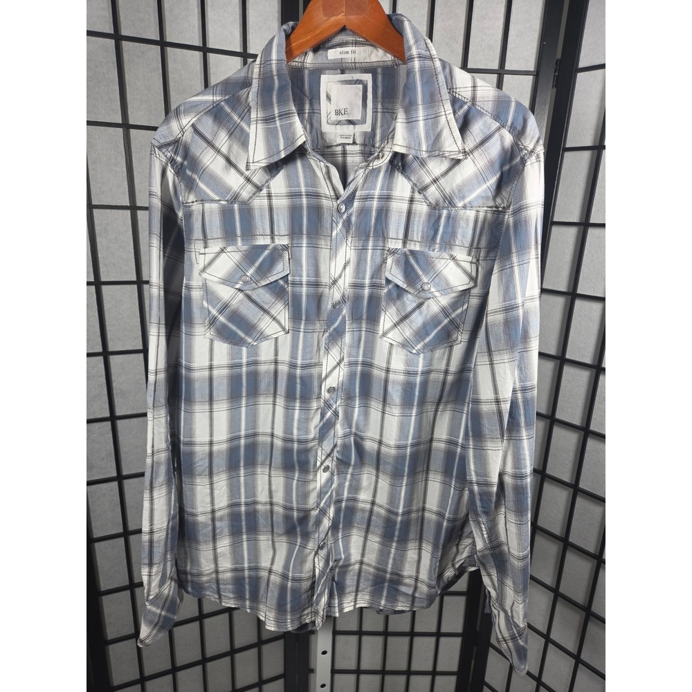 BKE Mens Slim Fit Western Plaid Snap Button Shirt Blue White XL
